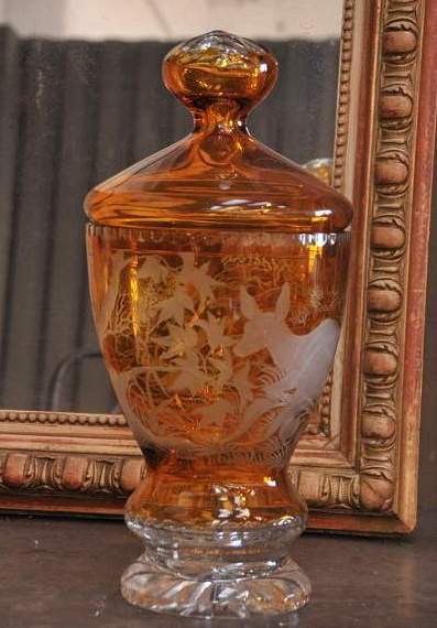 Lead crystal Val St Lambert double etched amber glass vessel with lid