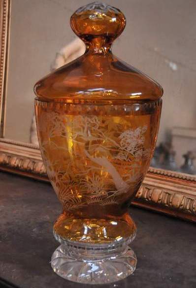 Lead crystal Val St Lambert double etched amber glass vessel with lid