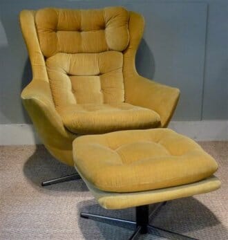 Pair of 1970s upholstered armchairs with matching footstools