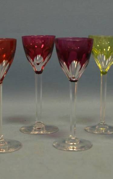 Set of six coloured crystal Val St Lambert port glasses