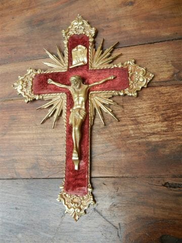Napoleon III style Brass crucifix c.1890 on velvet backing