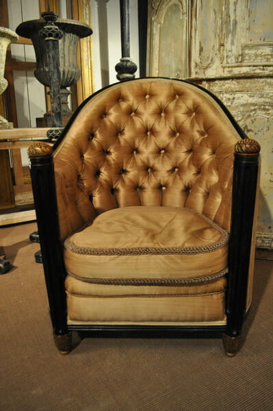 Silk button back armchair with ebonised frame c.1925