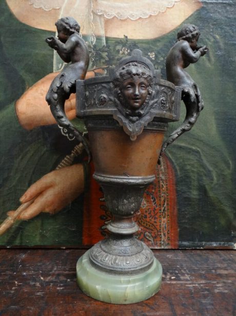 Bronze and onyx footed pedestal vase with cherub detail c.1910
