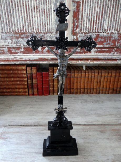 Large mid century metal crucifix with bronze patinated figure of Christ