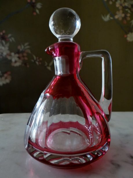 Val St Lambert cranberry coloured Oil and Vinegar carafes c.1940