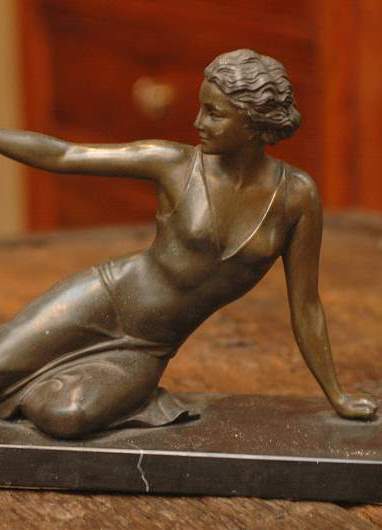 1930s Regule statue of reclining female on marble plinth