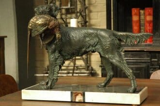 Regule metal dog statue with bird on marble plinth