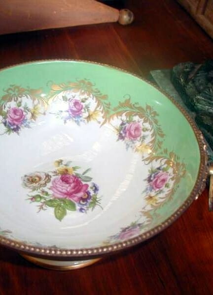 Limoges handpainted pedestal bowl with fine bronze detailing and handles