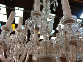 1940s Italian eight arm glass chandelier with faceted drops
