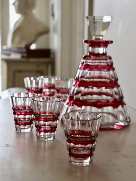 Val St Lambert cranberry crystal Art Deco decanter set c.1930