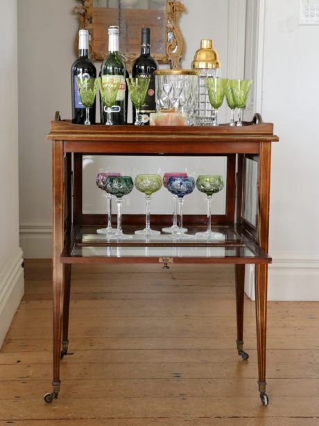 Antique English Mahogany bar service trolley on wheels