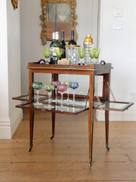 Antique English Mahogany bar service trolley on wheels