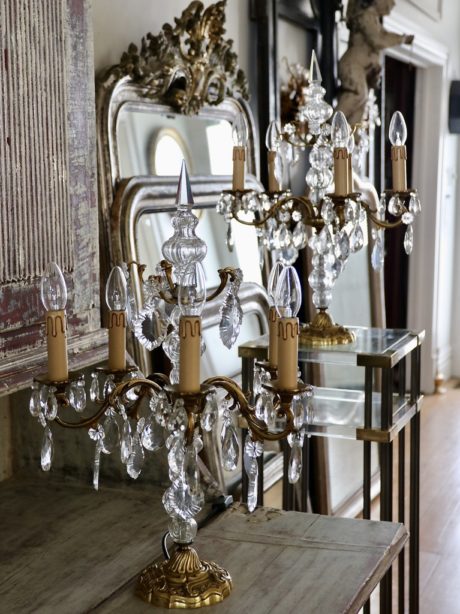 Pair of antique gilt bronze and crystal girandoles