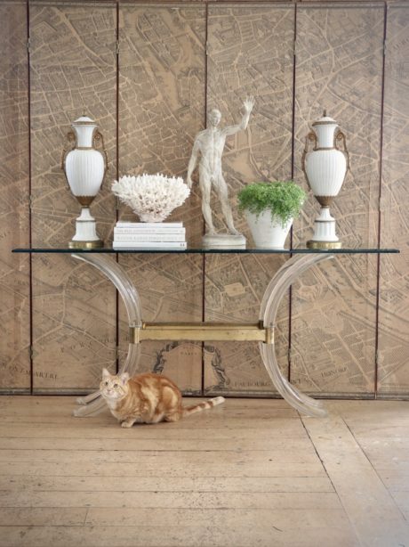 Mid century lucite saber leg console table