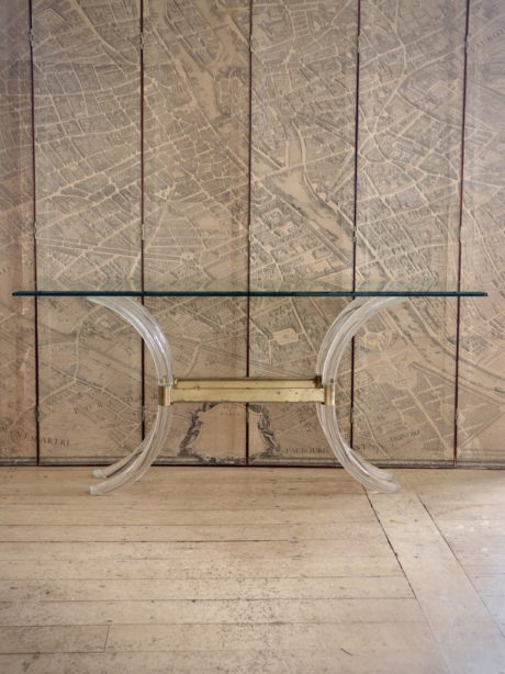Mid century lucite saber leg console table