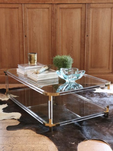 Hollywood Regency lucite, brass and glass coffee table