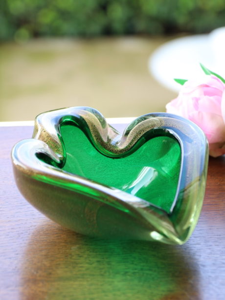 Mid century Murano Green and gold leaf bowl