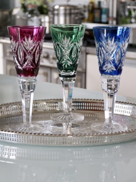 Val St Lambert coloured crystal wedding glasses