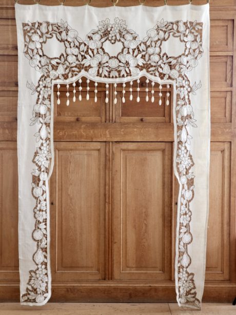 Antique French linen handmade cutwork curtain