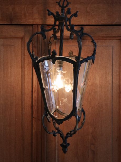 Antique bronze and etched glass lantern