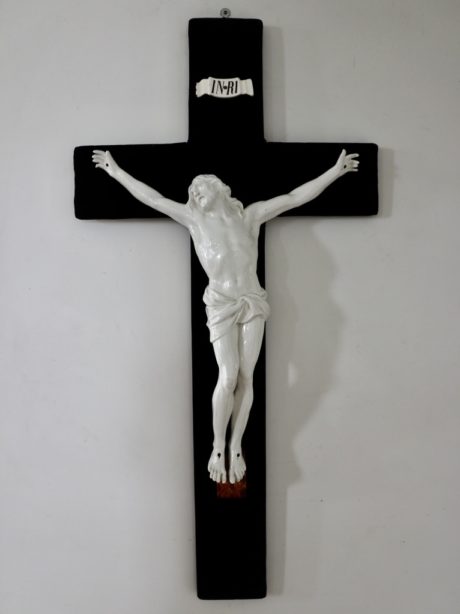 Large Antique French glazed earthenware crucifix