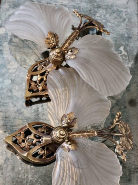 Hollywood Regency glass shell wall sconces