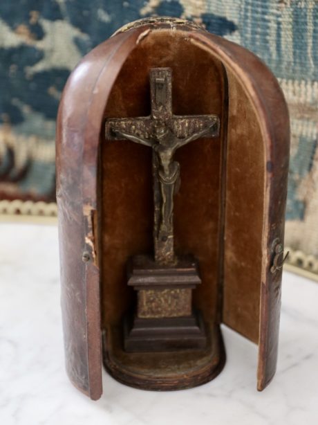 Antique French leather cased travelling shrine