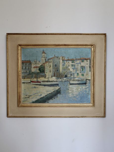 An oil on canvas view of St Tropez by Calot