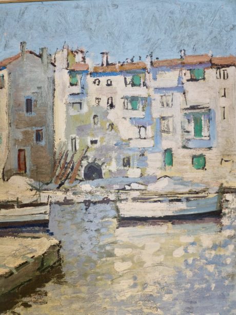An oil on canvas view of St Tropez by Calot
