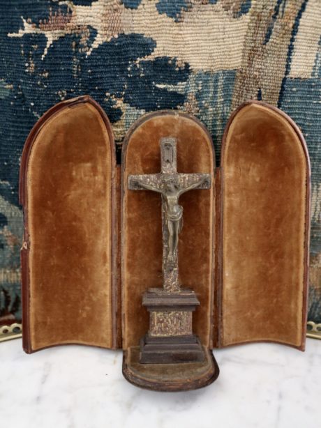 Antique French leather cased travelling shrine