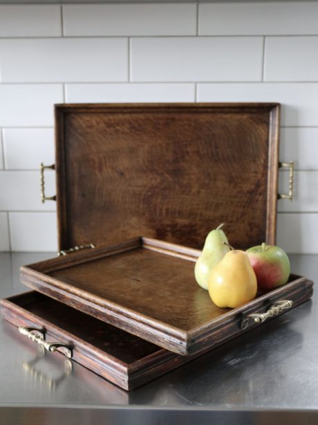 Antique Oak stacking Butler Trays with brass handles