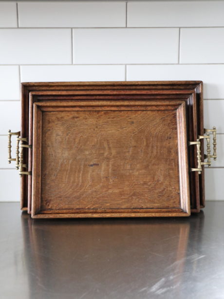 Antique Oak stacking Butler Trays with brass handles