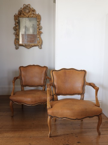 Mid-century French Louis XV style open armchairs