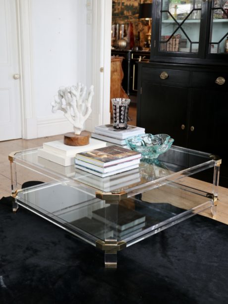 Hollywood Regency Lucite and brass square coffee table