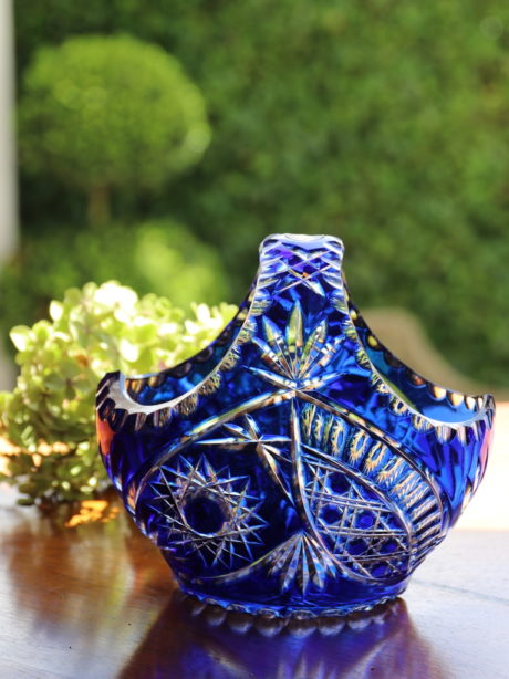 Vintage Bohemian cobalt crystal basket